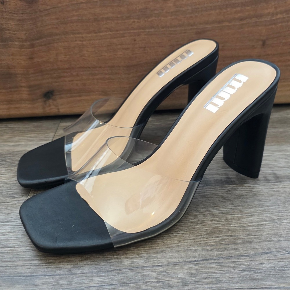 Miimmii Black Clear Strap Block Heel Sandals Women 7 Square Toe <3
